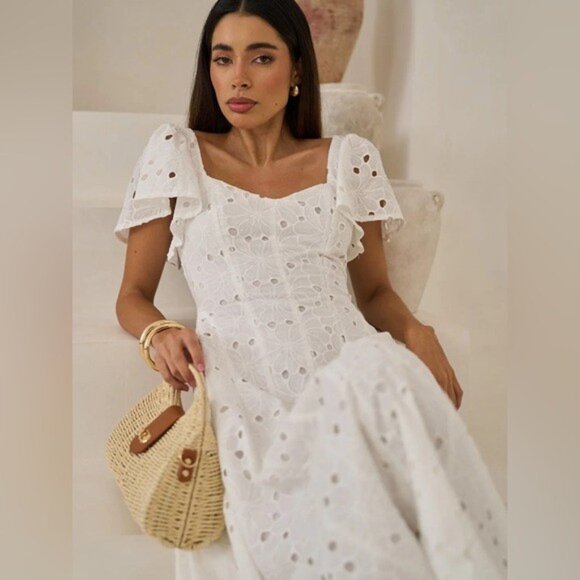 NWT Size MP - Extro&Vert Ada Flutter-Sleeve Broderie Midi Dress - Picture 6 of 13